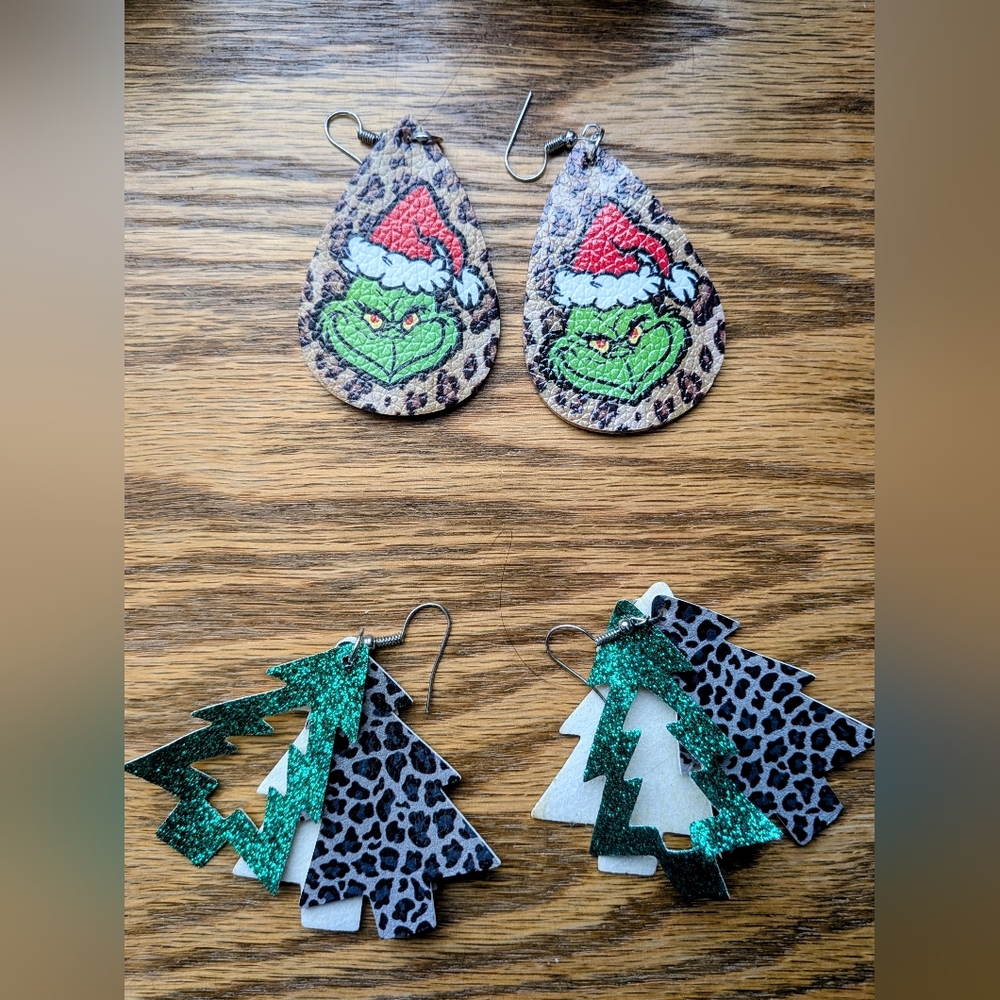 Set Of Festive Grinch And Christmas Tree Teardrop Earrings.